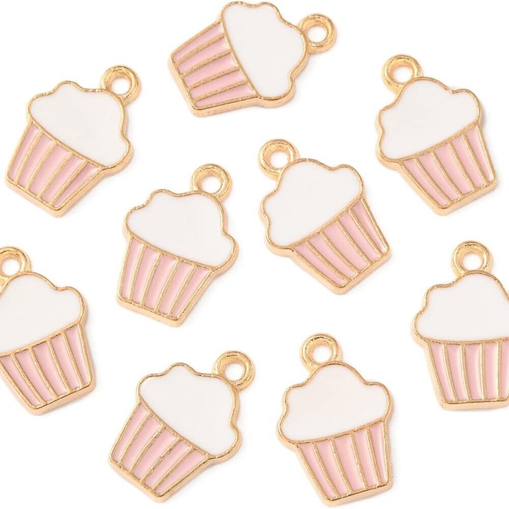 100pcs Alloy Enamel Pink Cupcake Charms for Jewelry Making - Cute Dainty Food Ac
